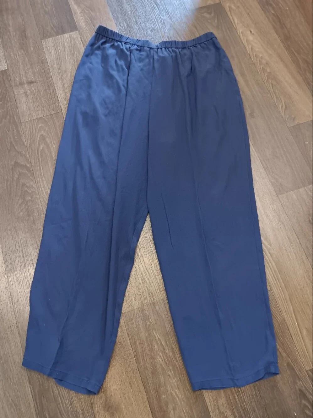 Eileen Fisher Navy Elastic-Waist Wide-Leg Pants 100%silk Sz L
